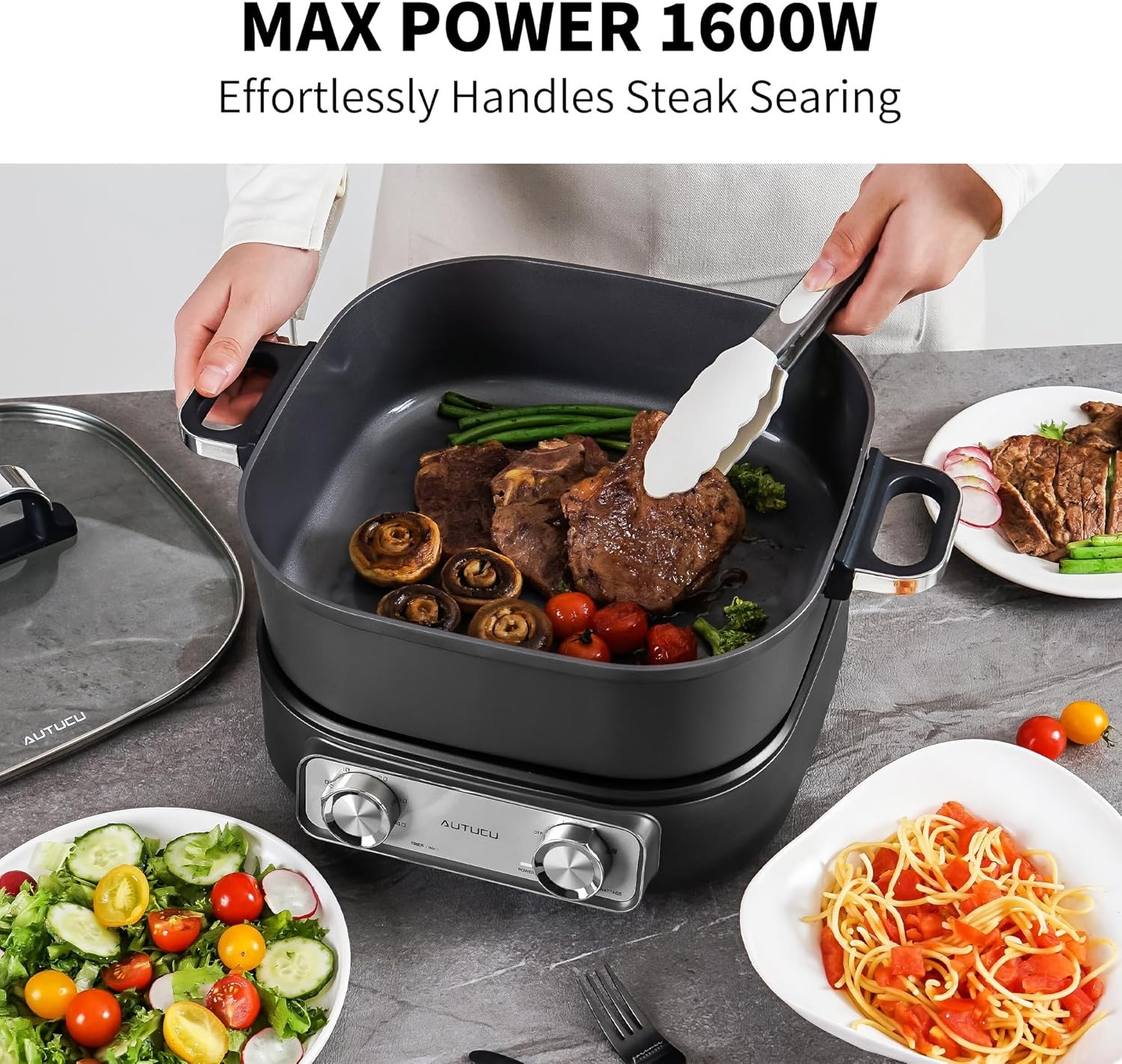 Electric Skillet 6-Quart Hot Pot Nonstick - PFOA-Free Ceramic Coating Pot, 1600W, Timer & 3 Power Settings for Steak, Egg, Ramen