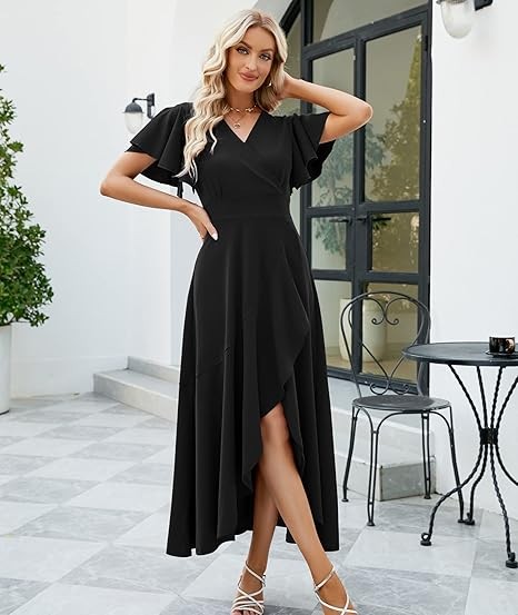Long Black Formal Dresses for Women Gowns Evening Party Cocktail Dress,Split Elegant V Neck Wrap Ruffle Wedding Guest Dresses