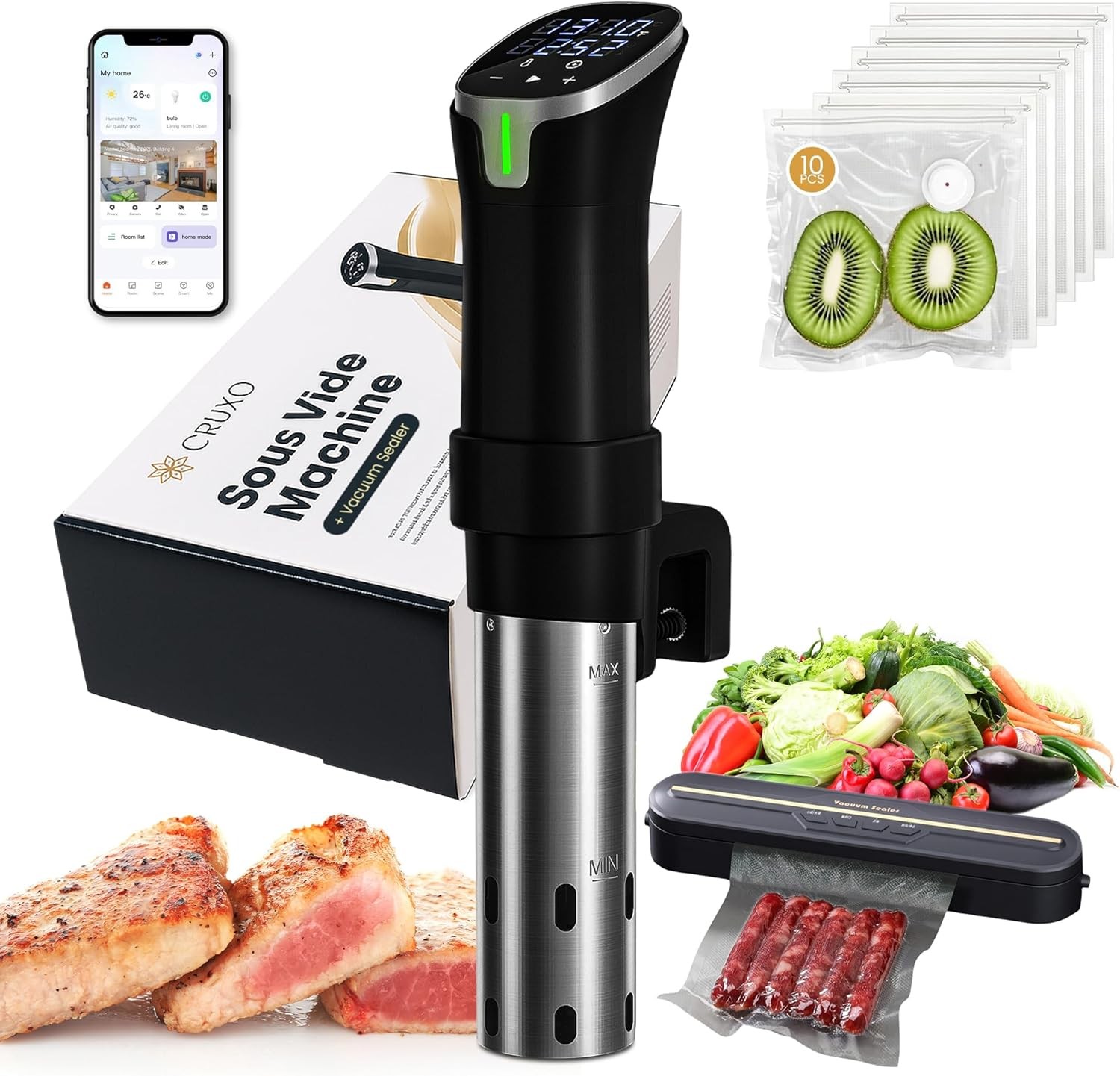 CRUXO 1100W Sous Vide Cooker Kit With App Control, Immersion Circulator, LED Display, Touch Panel, Vacuum Sealer & 10 Sealing Bags | Suvee Sous Vide Machine For Precise Cooking, Smart Thermal Cooker