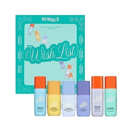 Bubble Skincare The Wish List Mini Skincare Essentials Gift Set - Includes Gel Cleanser, Vitamin C & Hyaluronic Serum, Eye Cream, Water Cream & Face Moisturizer - Travel Size Skin Care (6 Count)