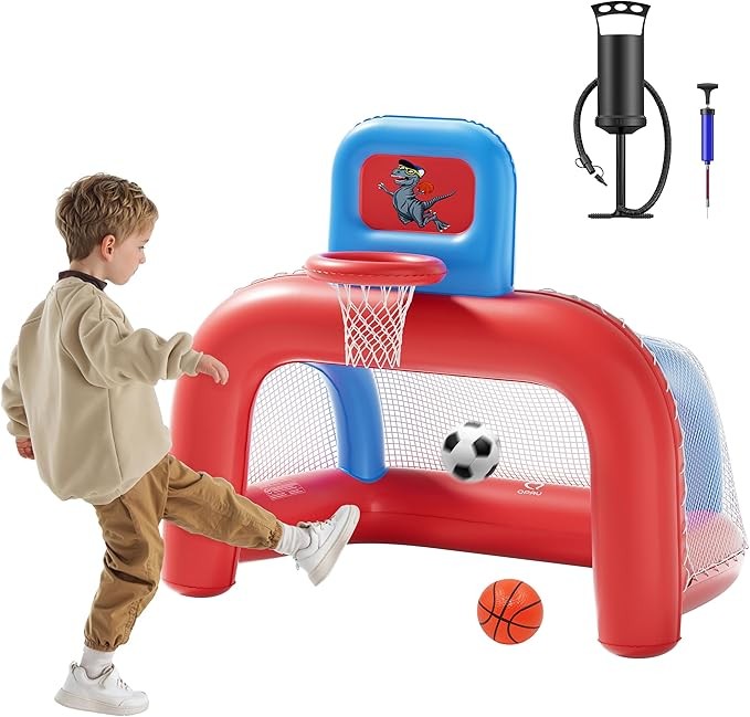 QPAU 2-in-1 Inflatable Toddler Basketball Hoop & Soccer Goal Set, Indoor Outdoor Sports Center Toys for Kids, Baby Toddlers Birthday Gift for 1 2 3 4 5 Year Old Boys Girls