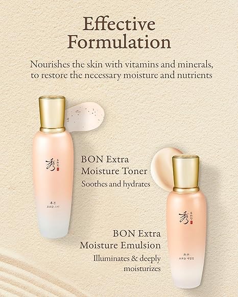 Sooryehan Bon Extra Moisture Korean Skin Care Gift Set (13.01 Fl Oz) - Luxury Premium High-end by LG Beauty. Hydrating Toner, Emulsion Lotion, Cleansing Foam, Eye Cream.