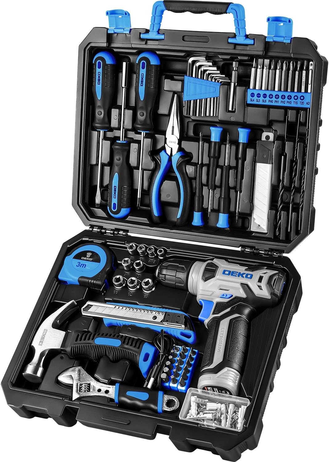 DEKOPRO Drill Set: Tool Set with 8V Blue Cordless Drill, Home Tool Kit with Drill, Hand Tool Kits for Men & Women 126 Piece