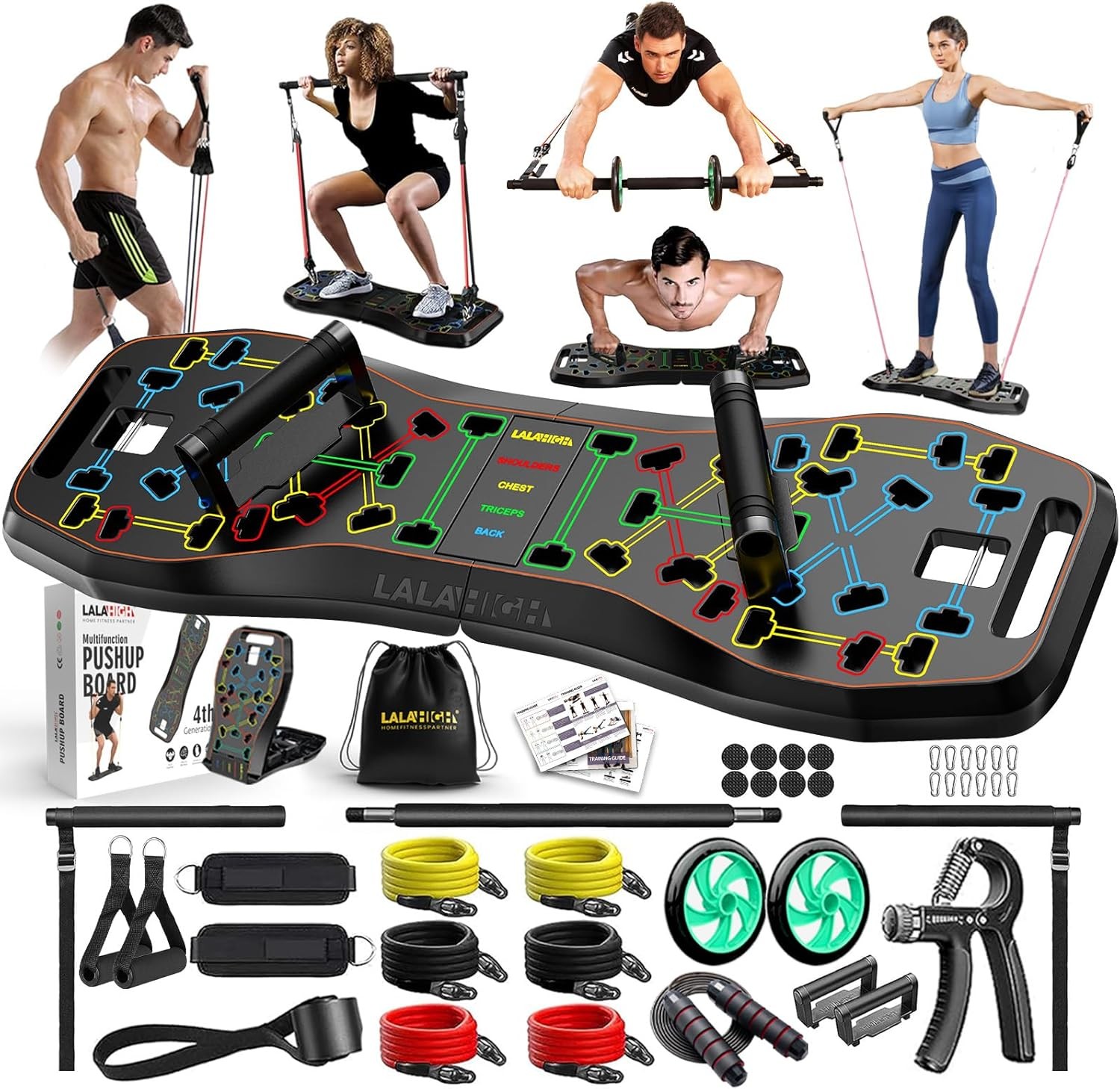 LALAHIGH Push Up Board,36 in 1 Home Gym Equipment with Ab Roller Wheel & Resistance Bands, Portable Foldable Workout Board for Full Body Strength Training Men Women